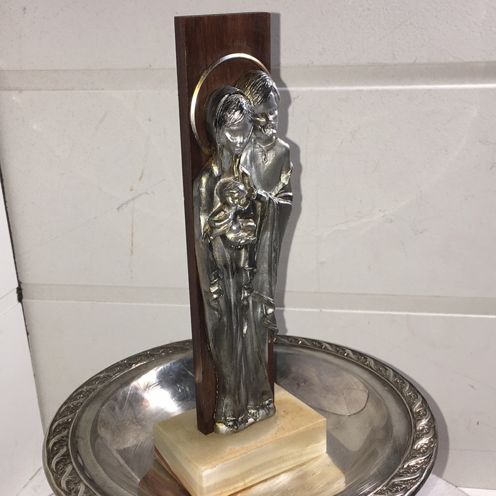 Vintage religious Icon/Holy Family (Pewter) Wood Back  Marble base